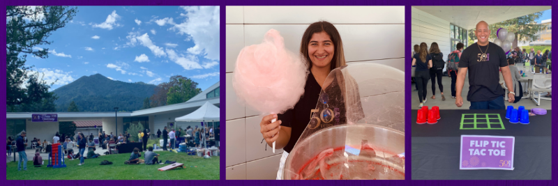 Three photos. First shows a gathering on a lawn with Mt. Tam in the background, second is a student making cotton candy, and the third is an employee working the flip tic tac toe game.