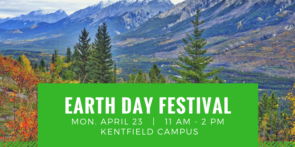 Earth Day Festival graphic with image of mountains and trees