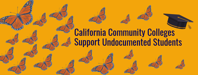 Butterflies and a graduation cap. Text reads California Community Colleges Support Undocumented Students