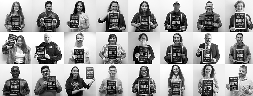 Collage featuring College of Marin students, faculty, and staff holding signs that read: Bay Area Stands United Against Hate