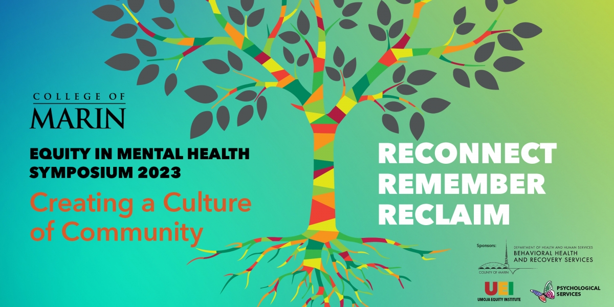 Colorful tree and roots on bluish-green background. Text reads Equity in Mental Health Symposium