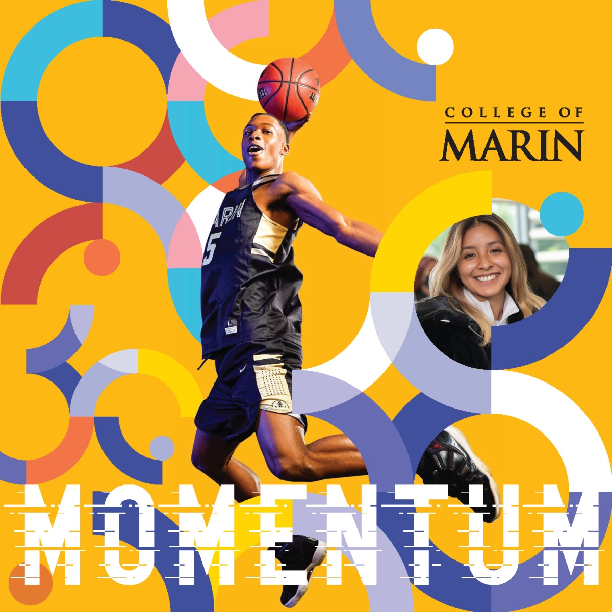 Publication cover featuring student-athlete playing basketball and student in classroom.