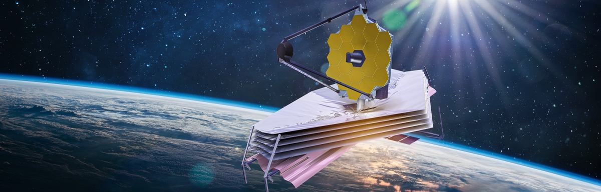 James Webb space telescope space on orbit of Earth planet. Space observatory.