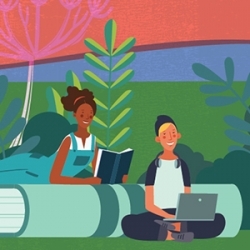 Illustration of two people outside reading
