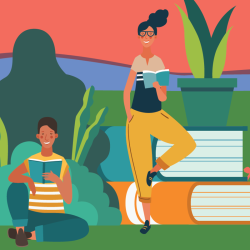 Illustration of two people reading outside around oversized books.