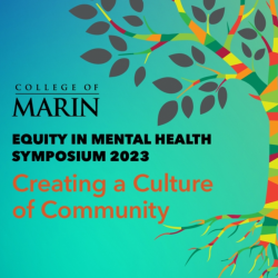 Colorful tree on blue background with text: Equity in Mental Health Symposium 2023