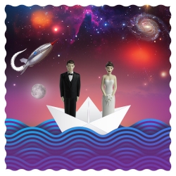 Illustration of husband and wife cake toppers on an origami boat