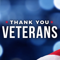 Red, white, and blue background with text: Thank You Veterans