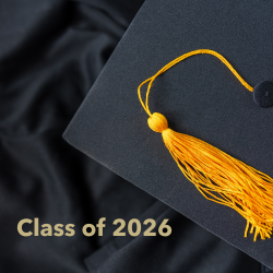Graduation gown, cap, and tassel with text: Class of 2026
