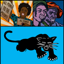 Composite graphic featuring Emory Douglas artwork, including "All Power to the People" protest imagery and a black panther illustration.