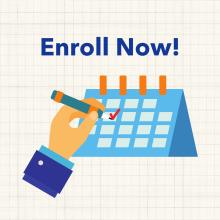 Graph paper with illustration of pencil in hand marking calendar with call to action: Enroll Now!